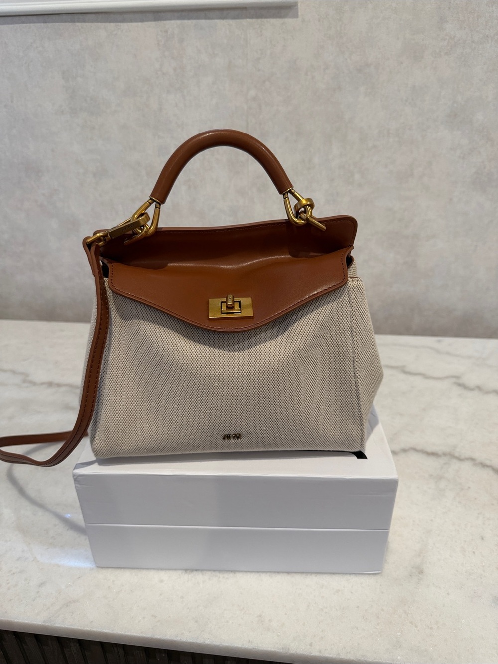JW PEI Cream Canvas and Tan Top-Handle Satchel crossbody strap included